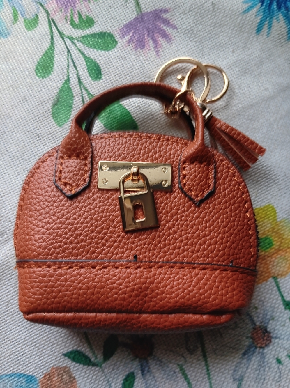 Brown Mini Satchel Keychain with Tassel and Gold Lock